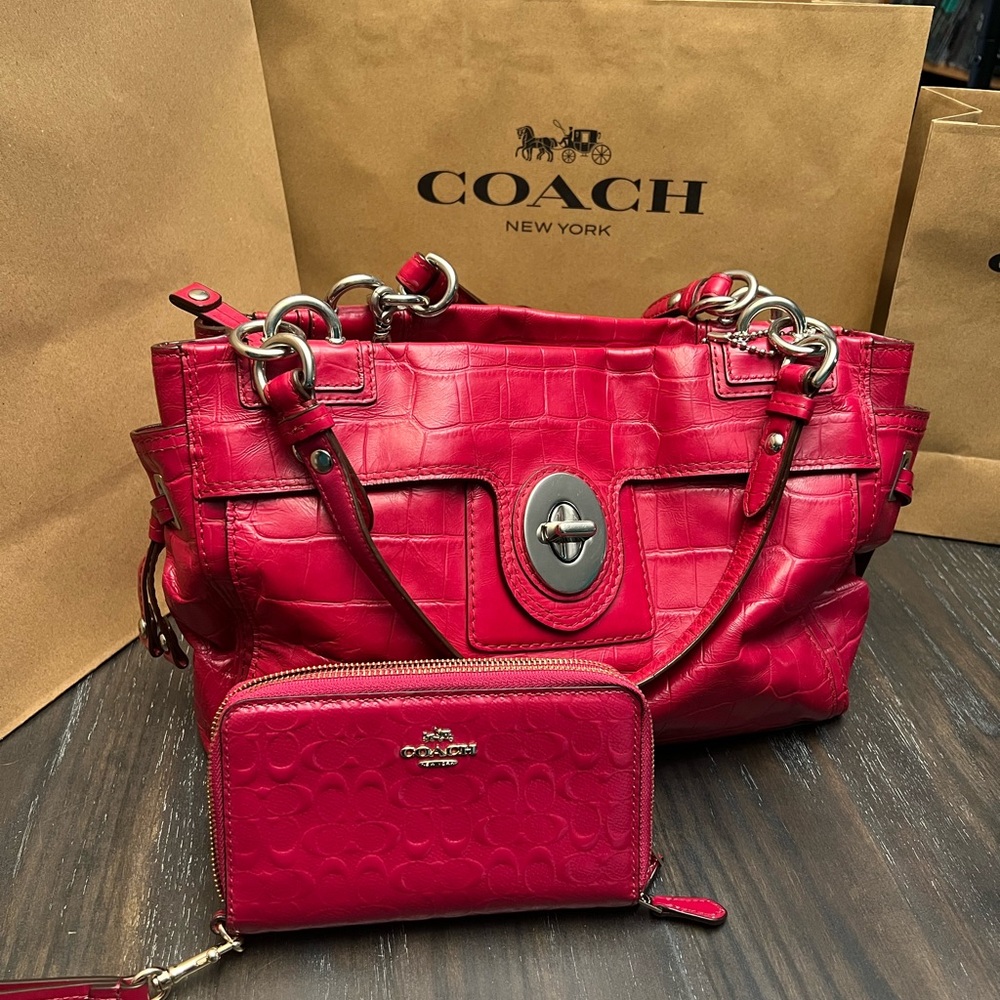 Coach Red Croc-Embossed Satchel